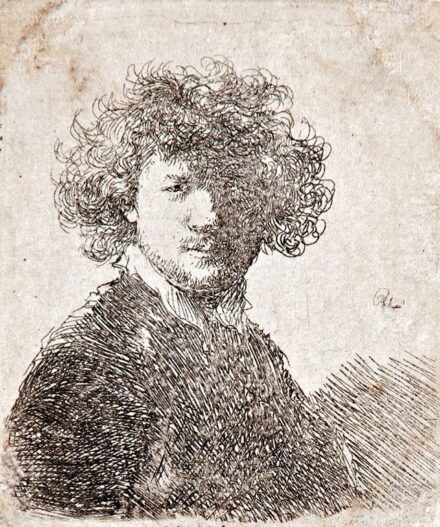 8. tétel, Rembrandt, Haarmens van Rijn (1606-1669): Göndörhajú önarckép fehér gallérral, 1628-30