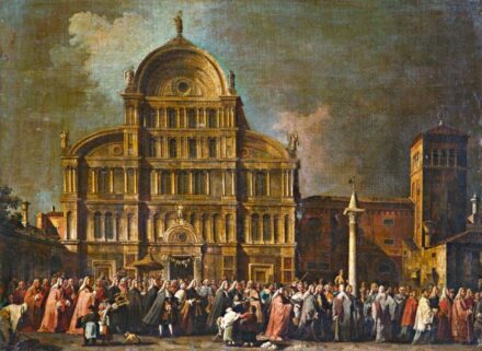 77. tétel, Guardi, Francesco után, 19. sz. eleje: A dózsék húsvéti körmenete a Campo San Zaccarián Velencében (a Le Solennitá Dogali sorozatból)