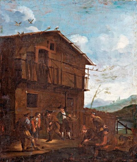 84. tétel, Holland festő, 17. sz.: Golyózó parasztok