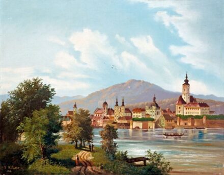 191. tétel, Feldhütter, Ferdinand (1842-1898): Folyóparti városka látképe, 1862