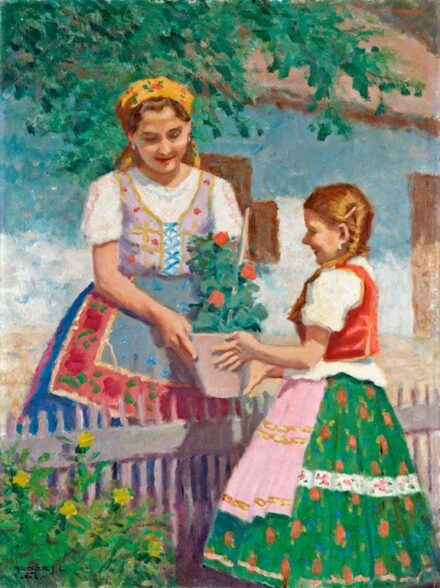 219. tétel, Áldor János László (1895-1944): Leányok muskátlival, 1942