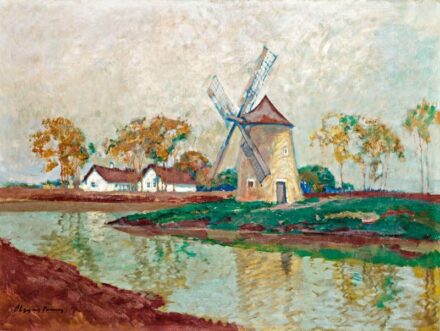 232. tétel, Olgyay Ferenc (1872-1939): Vízparti táj szélmalommal