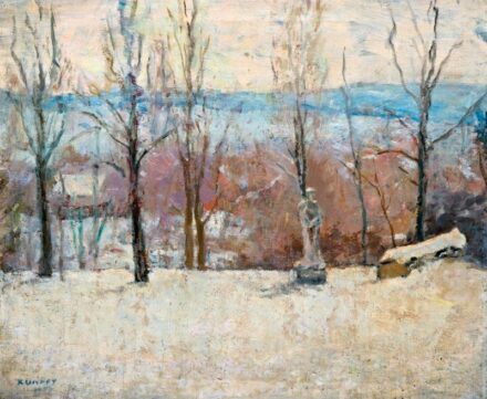 236. tétel, Kunffy Lajos (1869-1962): Téli parkrészlet szoborral