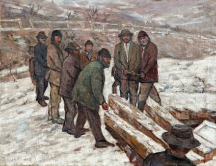 237. tétel, Bencze Margit (1879-?): Talpfákat rakodó munkások, 1915