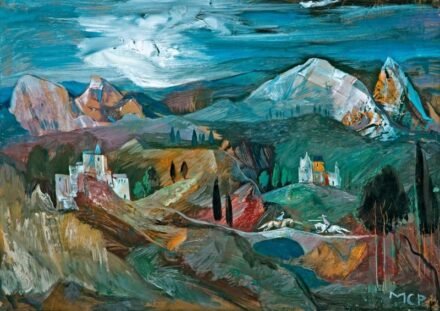 459. tétel, Molnár C. Pál (1894-1984): Itáliai táj lovagokkal