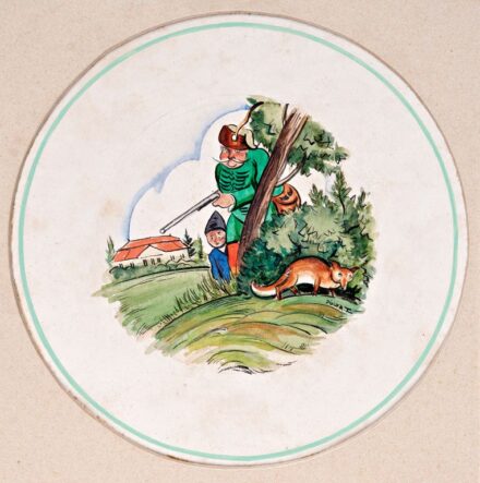 472. tétel, Pólya Tibor (1886-1937): Vadász jelenet (tányér terv)
