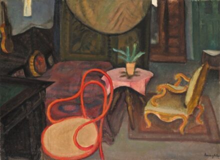 144. tétel, Berény Róbert (1887-1953), Enteriőr vörös thonet-székkel, 1926 után