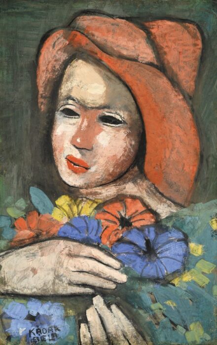 92. tétel, Kádár Béla (1877-1956), Kalapos lány virágokkal