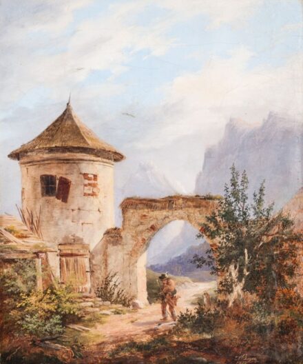 44. tétel,  Alpesi táj vadásszal, 1850