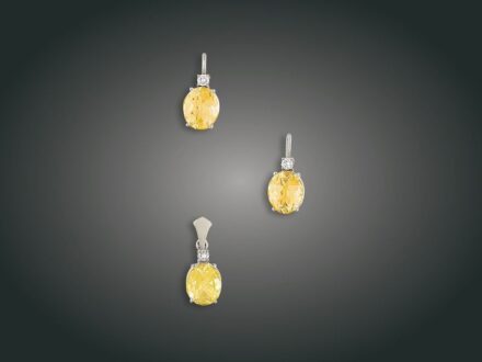 112. tétel, Garnitúra, 2 db, 14 k au, 3 citrin, 3 bril. cca. 0,20 ct, 6,1 g