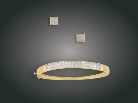 100. tétel, Ékszer, 2 db, 14 k au, 266 bril. cca. 2,5 ct, 16,7 g