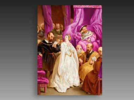 502. tétel, Ismeretlen porcelánfestő, XIX. sz. vége - Boleyn Anna bírái előtt