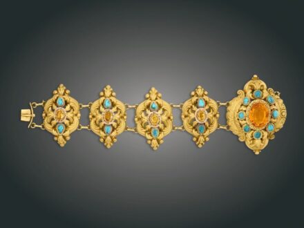 185. tétel, Karkötő, 14 k au, citrin, türkiz, 63,0 g