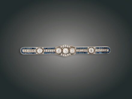 165. tétel, Sáltű, 14 k au, 41 bril. cca. 2,20 ct, 8 gyém., zafír, 8,2 g