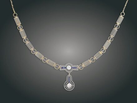 80. tétel, Nyakék, 14 k au, 2 bril. cca. 1,30 ct, zafír, 21,5 g