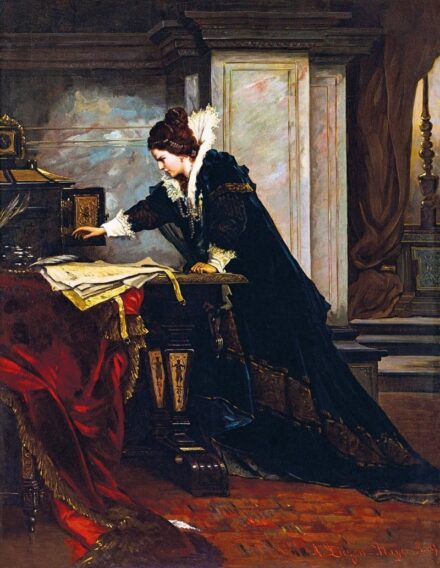 215. tétel, Erzsébet királynő (1533-1603) aláírja Stuart Mária halálos ítéletét, 1879