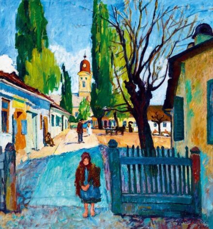 148. tétel, Napsütéses nagybányai udvar (kertkapuban áldogáló kislány), 1913