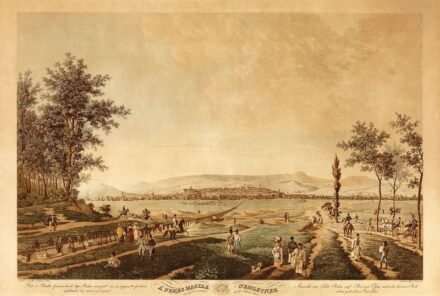146. tétel, Pest-Buda látképe 1827-ből a Rákosmezei kísérleti vasúttal