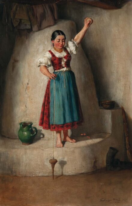 293. tétel, Szobonya Mihály (1855-1898): Búgócsigázó leány