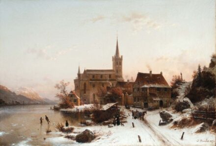 261. tétel, Duntze, Johannes Bartolomeus (1823-1895): Téli városrészlet korcsolyázókkal, 1870