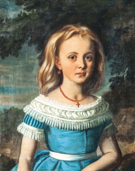 255. tétel, Magyar festő, 19. sz. második fele: Korall nyakláncos kislány portréja