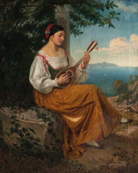 253. tétel, Magyar festő, 19. sz. második fele: Itáliai táj lanton játszó ifjú hölggyel