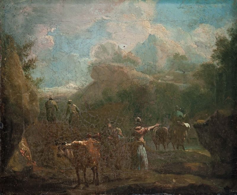 208. tétel, Német festő, 18. sz.: Pásztorok jószágaikkal