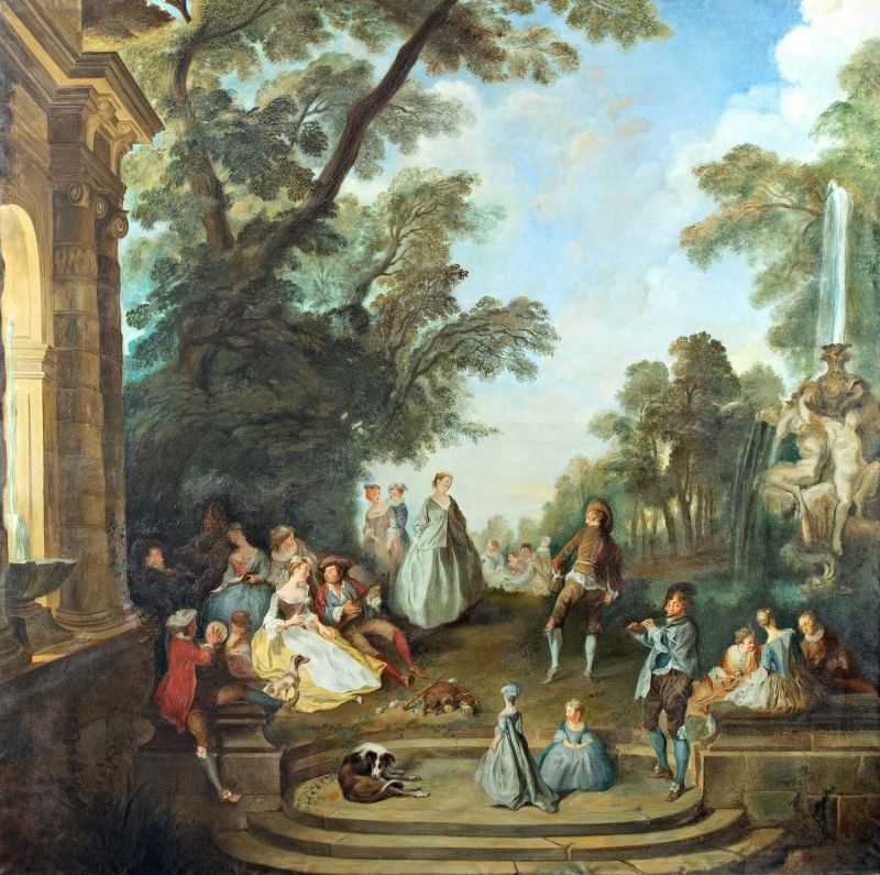 195. tétel, Lancret, Nicolas (1690-1743) után, 19. sz. közepe: Táncos mulatság a kastélyparkban