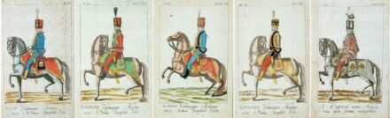 16. tétel, A koronaörző magyar sereg gálaformaruhájában és Zemplén, Pest, Borsod és Zágráb vármegye viselete,1790 - 5 db