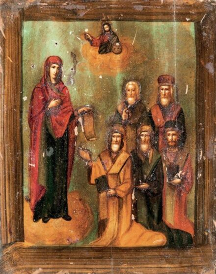 707. tétel, Orosz ikonfestő, 1880 körül: Mária szentekkel