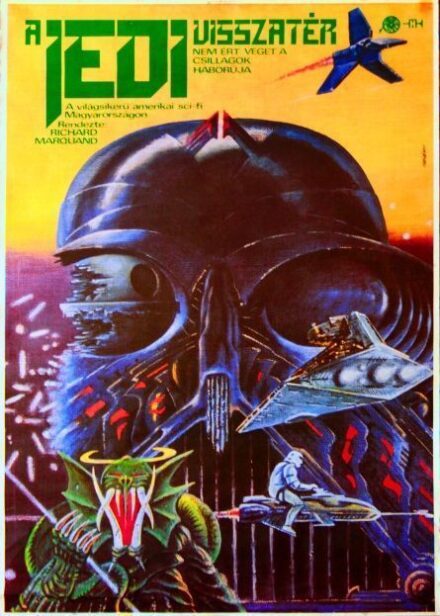 171. tétel, A Jedi visszatér  Star Wars: Episode VI - Return of the Jedi  1984  amerikai  Herényi Tibor (graf.)  Richard Marquand (rend.)  cca. 841 × 1189 mm  56. Oscar-gálán díj,  37. BAFTA-gálán díj,   Hugo-,  People's Choice és egyéb rangos díjak
