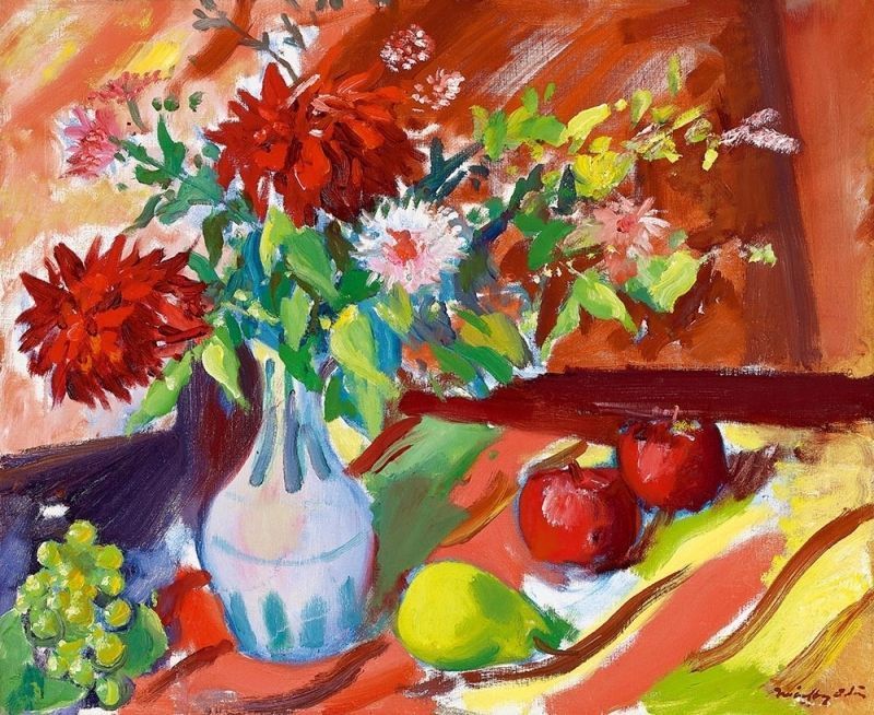 133. tétel, Csendélet virágokkal, szőlővel, almával