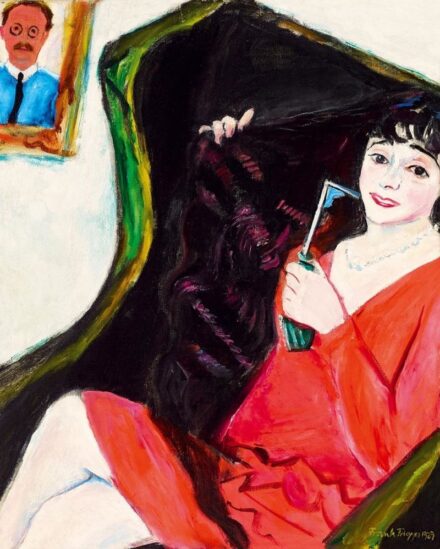 112. tétel, Fotelban ülő vörös ruhás Mimi (Mimi olajfúvóval), 1929