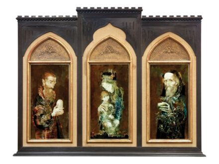374. tétel, Szász Endre  Csíkszereda, 1926 - Mosdós, 2003  Triptichon  Olaj, karton  150 × 190 cm  Mindhárom kép jelezve jobbra lent:  Szász Endre