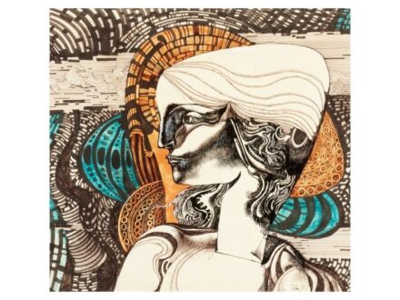 372. tétel, Szász Endre    Csíkszereda, 1926 - Mosdós, 2003    Kompozíció női képmással    Vegyes technika, papír    350 × 370 mm    Jelezve jobbra lent:  Szász E.