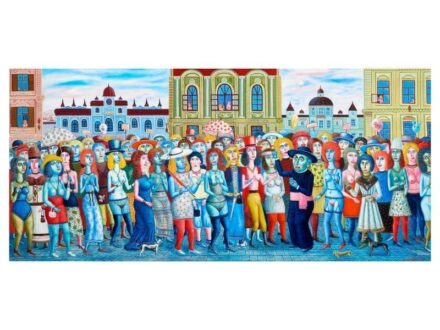 371. tétel, Galambos Tamás  Budapest 1939 -    Növendékek lázadása  Olaj, vászon  90 × 190 cm  Jelezve jobbra lent:  Galambos