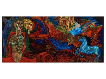 370. tétel, Péli Tamás  Budapest, 1948 - Budapest, 1994  Varázsló  Olaj, farost  75,5 × 160 cm