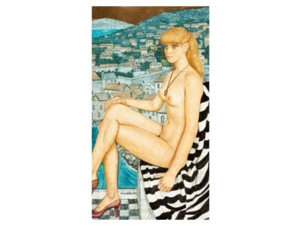 367. tétel, ifj. Czene Béla  Isaszeg, 1911 - Budapest, 2000  Akt dubrovniki háttérrel (1981)  Olaj, farost  90 × 50 cm  Jelezve balra lent:  Czene Béla 1981.
