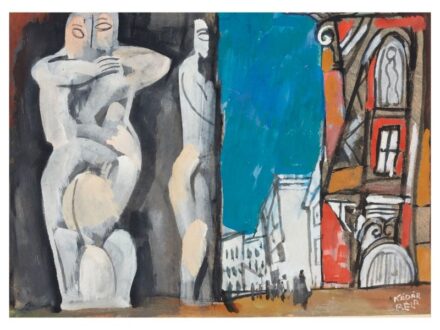 359. tétel, Kádár Béla  Budapest, 1877 - Budapest, 1956  Ölelkezők   Gouache, papír   31 × 42 cm  Jelezve jobbra lent:  Kádár Béla  Hátoldalon:  Kettős akt ábrázolás    Reprodukálva Gergely Mariann ???