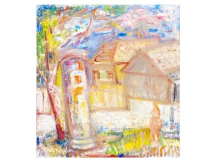 342. tétel, Ilosvai Varga István  Kunhegyes, 1895 - Budapest, 1978  Utca hirdetőoszloppal (1963)  Olaj, vászon   65 × 61cm  Jelezve balra lent:  Ilosvai Varga István     Kiállítva:   Ernst Múzeum, gyűjteményi kiállítás, 1975  Hírlapkiadó Vállalat Klubja,