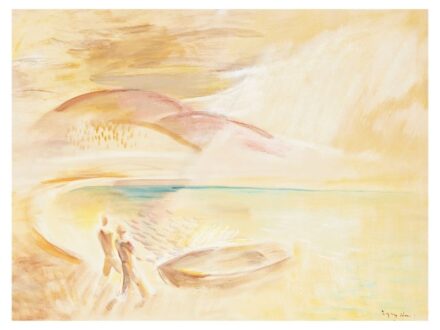 339. tétel, Egry József  Újlak, 1883 - Badacsonytomaj, 1951  Napsütéses Balaton (Badacsony), 1937 k.  Olaj, pasztell, papír  70 × 100 cm  Jelezve jobbra lent:  Egry József Badacsony    Szerepelt korábban a BÁV 49. Képaukcióján (46. tétel)    VÉDETT