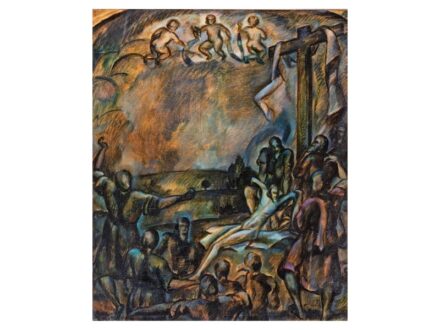 329. tétel, Kmetty János    Miskolc, 1889 - Budapest, 1975    Levétel a keresztről    Olaj, karton    66 × 54 cm    Jelezve balra lent:    Kmetty