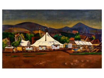 327. tétel, Vörös Géza  Nagydobrony, 1897 - Budapest, 1957  Kis cirkusz, Zebegény (1943)  Olaj, vászon  60 × 100 cm  Jelezve balra lent:  Vörös Géza 43.