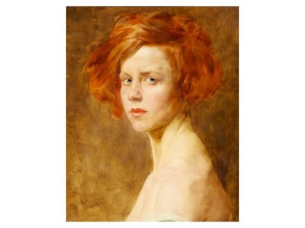 323. tétel, Karlovszky Bertalan  Munkács, 1858 - Budapest, 1938  Vörös hajú nő  Olaj, fa  50 × 40 cm  Jelezve jobbra lent:  Karlovszky Bertalan