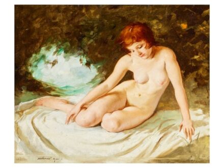 321. tétel, Szánthó Mária  1897 - 1998  Akt természetben  Olaj, vászon  55 × 68 cm  Jelezve balra lent:  Szánthó Mária