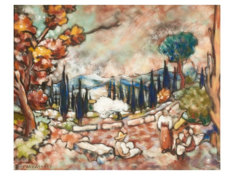 316. tétel, Farkasházy Miklós  Budapest, 1895 - Budapest, 1964  Mediterrán tájkép alakokkal  Pasztell, papír  370 × 460 mm  Jelezve balra lent:  Farkasházy