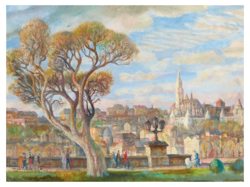 315. tétel, Szabó Vladimir  Balassagyarmat, 1905 - Budapest, 1991  Roosevelt tér  Olaj, vászon  60 × 80 cm  Jelezve jobbra lent:  Szabó Vladimir  Hátoldalon:  Képcsarnok kiállítási etikett