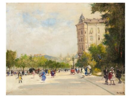313. tétel, Berkes Antal  Budapest, 1874 - Budapest, 1938  Tavaszi utcarészlet  Olaj, vászon   78 × 60 cm  Jelezve jobbra lent:  Berkes A.