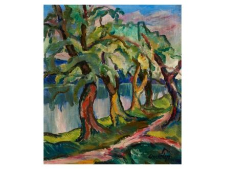 312. tétel, Erdélyi Béla  Kelemenfalva, 1891 - Munkács, 1955  Fák vízparton (1938–1945 között)  Olaj, vászon  82 × 70 cm  Jelezve jobbra lent:  Erdélyi