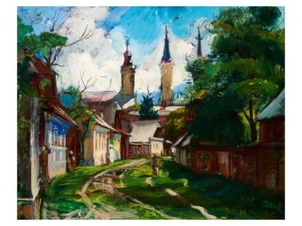 310. tétel, Boldizsár István  Orosháza, 1897 - Budapest, 1984  Utcarészlet  Olaj, karton  40 × 50 cm   Jelezve jobbra lent:  Boldizsár